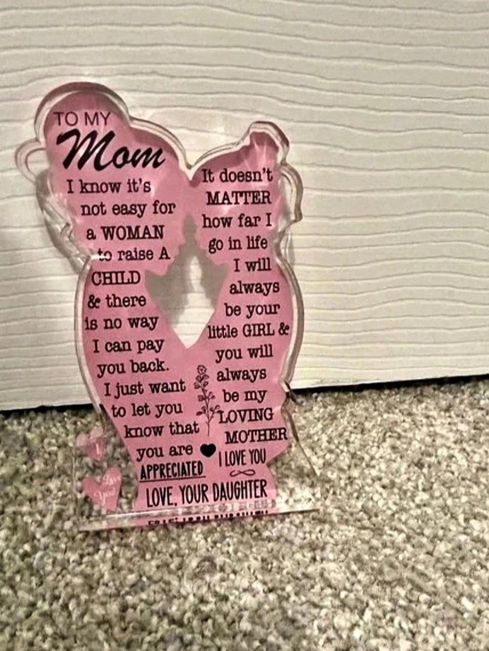 “To My Mom, From Daughter” Pink Acrylic Keepsake Plaque Mother Gift Decor